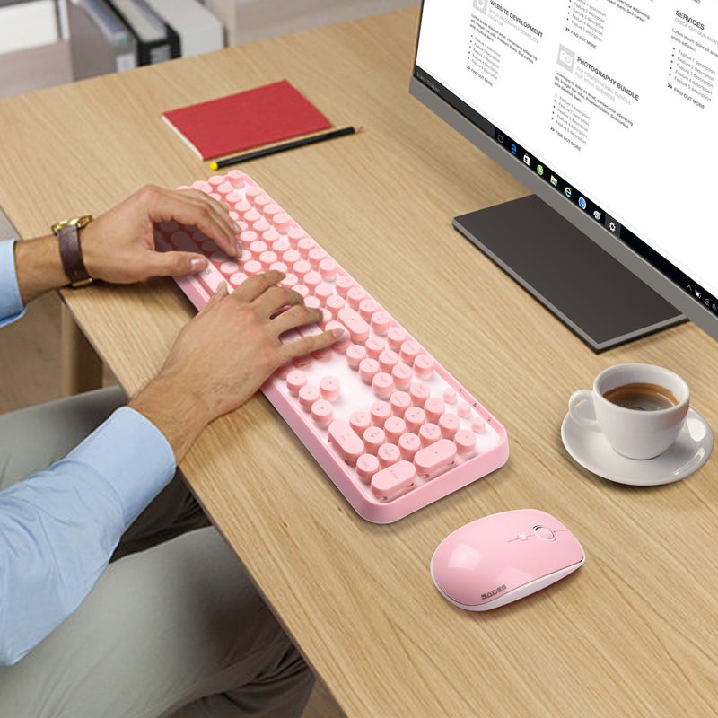 Letton Pink Wireless Keyboard and Mouse Combo, Retro Typewriter Style Cute Bubble Keyboard with Round Keycaps, 2.4GHz Full Size Creamy Keyboard&Mouse with 3 DPI for Long Nails for PC Laptop Desktop Computer - Image 5